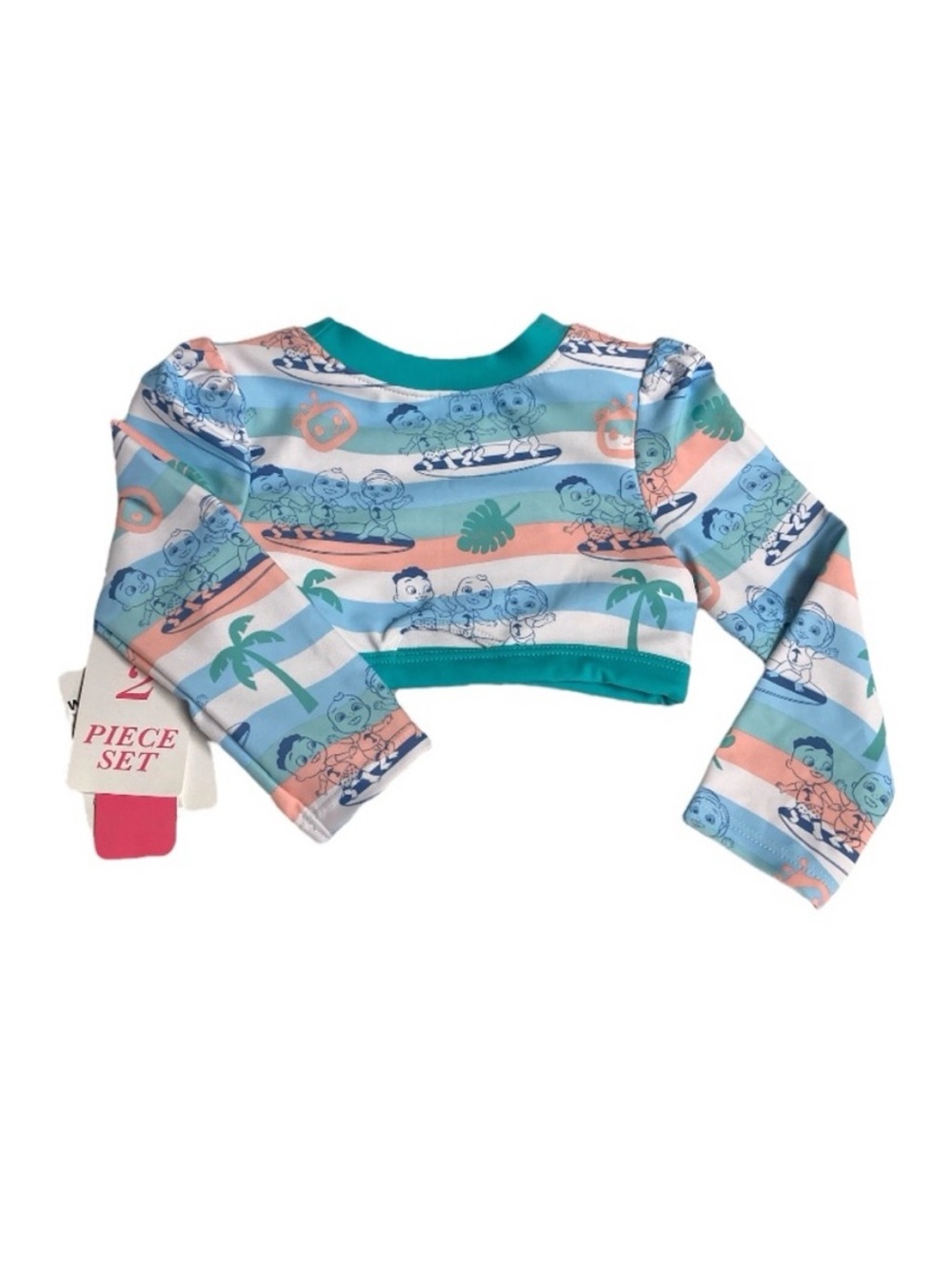 CoComelon' Long-Sleeve Swim Rashguard Character Set in Aqua & Coral Stripe - Picture 7 of 16